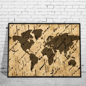 Plakat z mapą świata w kolorze brązu