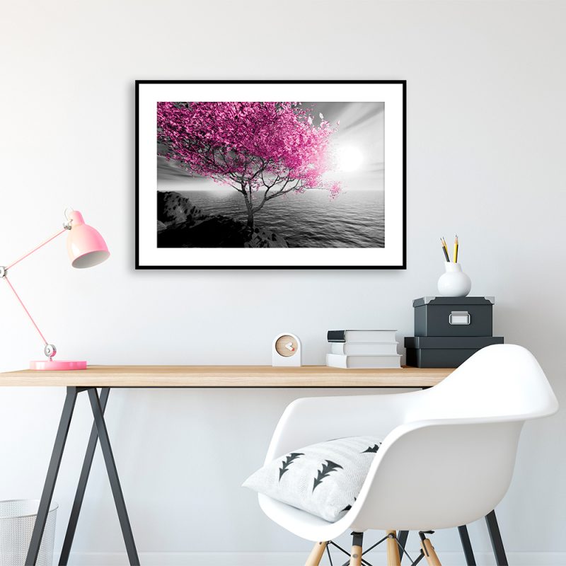 Plakat motyw różowego drzewa