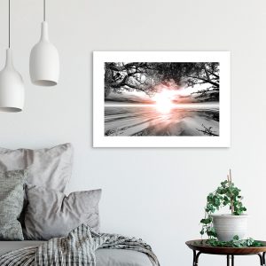 Plakat z widokiem słońca i drzew