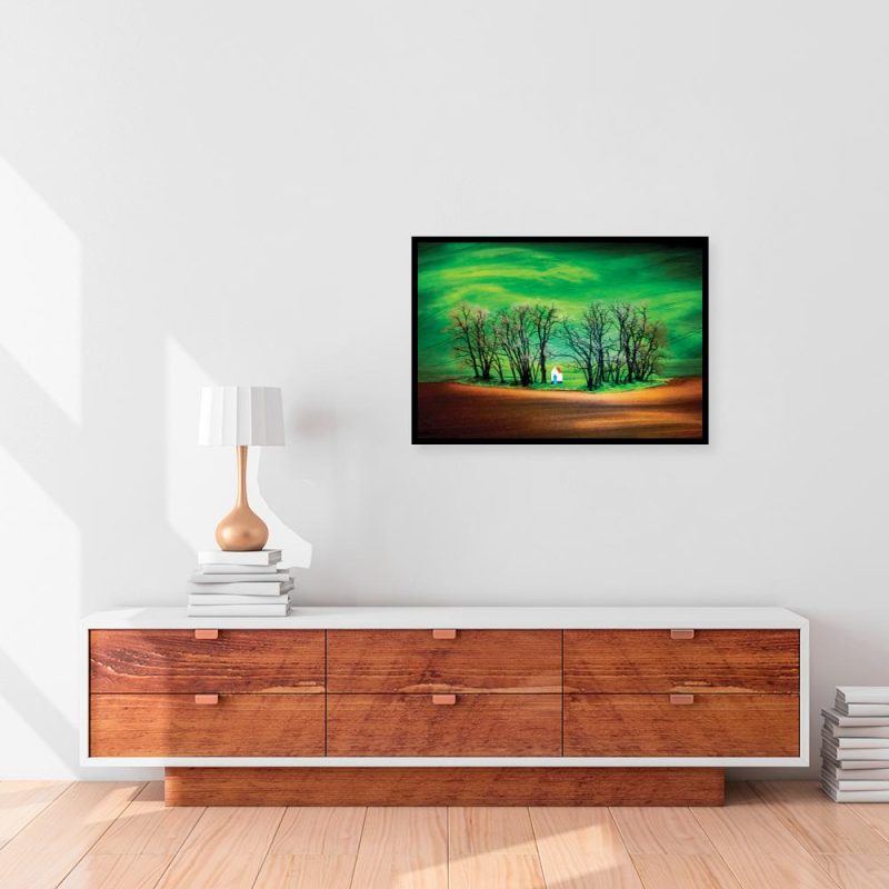 Plakat z motywem pól uprawnych i kapliczki Plakat wiejski krajobraz