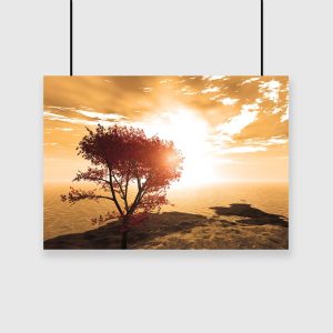 plakat wschód słońca i drzewo