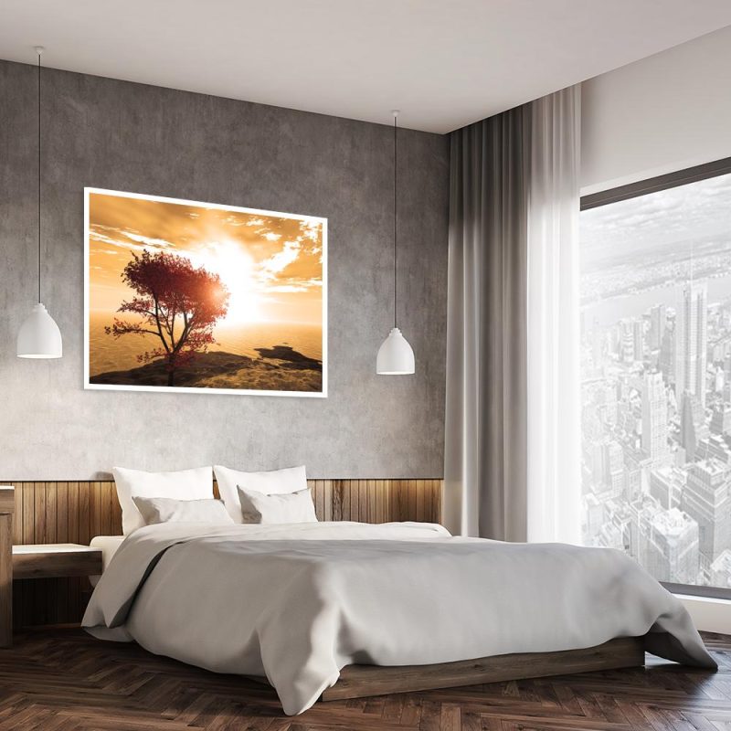 plakat wschód słońca i drzewo w sypialni