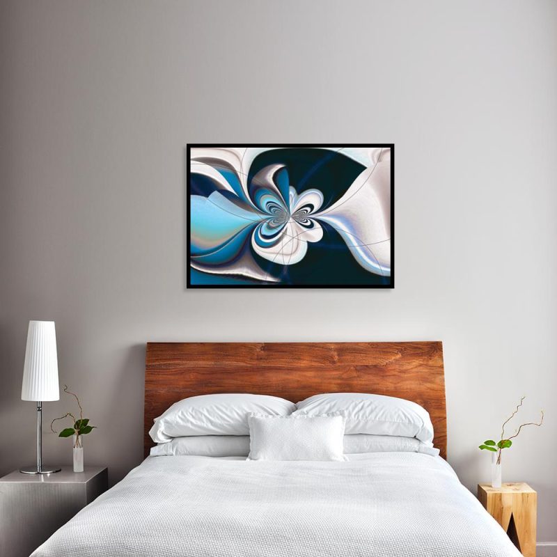plakat niebieska abstrakcja nad łóżko plakat niebieska abstrakcja w sypialni