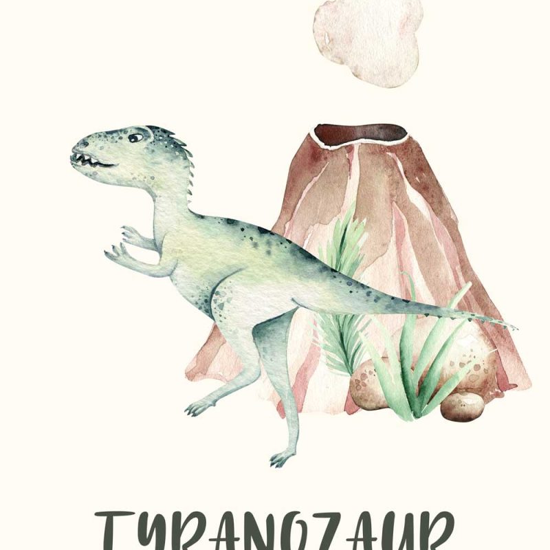 Plakat edukacyjny z wulkanem i dinozaurem