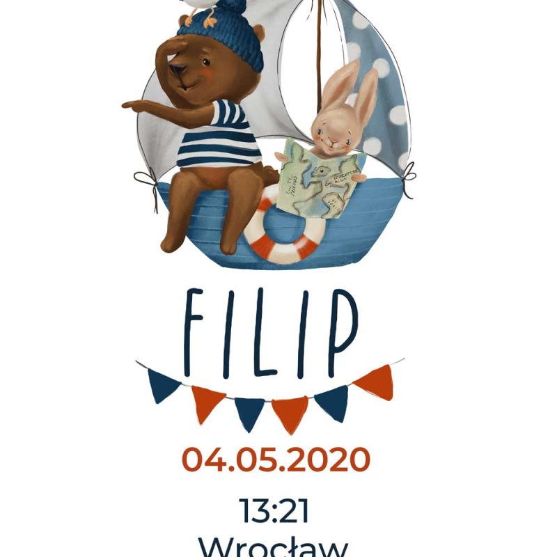 Niebieski plakat-metryczka dla chłopca – Miś Niebieski plakat-metryczka dla chłopca - Miś