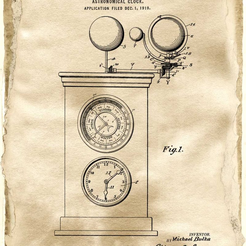 Plakat z rysunkiem patentowym zegara do gabinetu