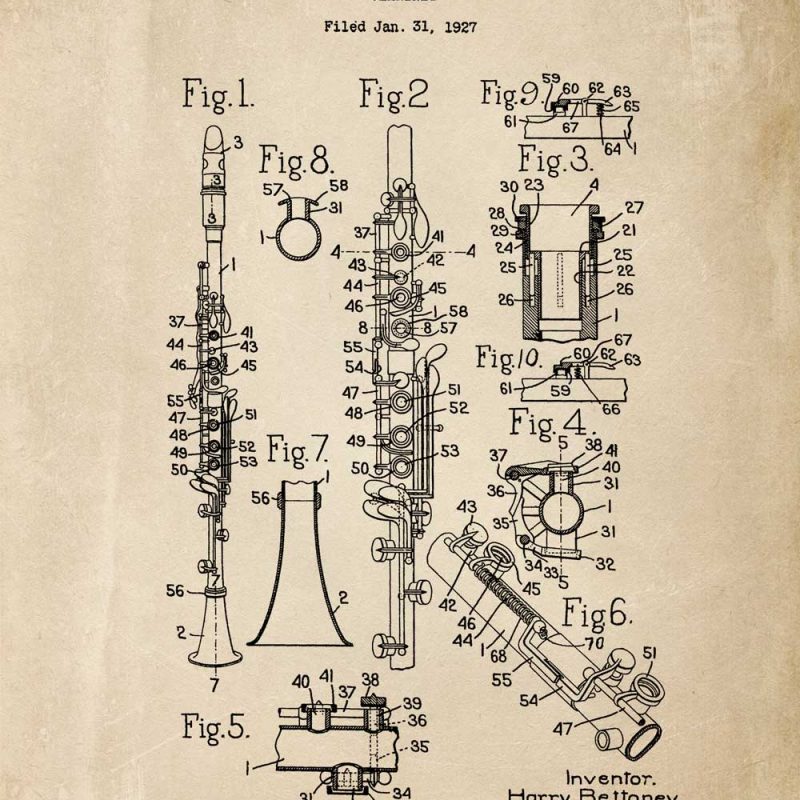 Plakat rysunek patentowy klarnetu - 1927r.