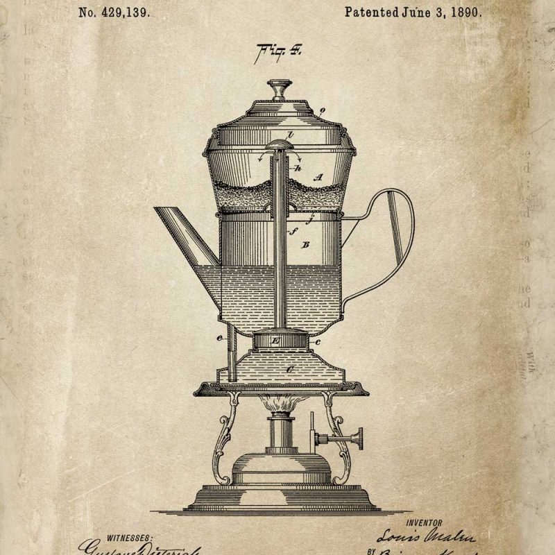 Plakat rysunek patentowy ekspresu do kawy z 1890r.