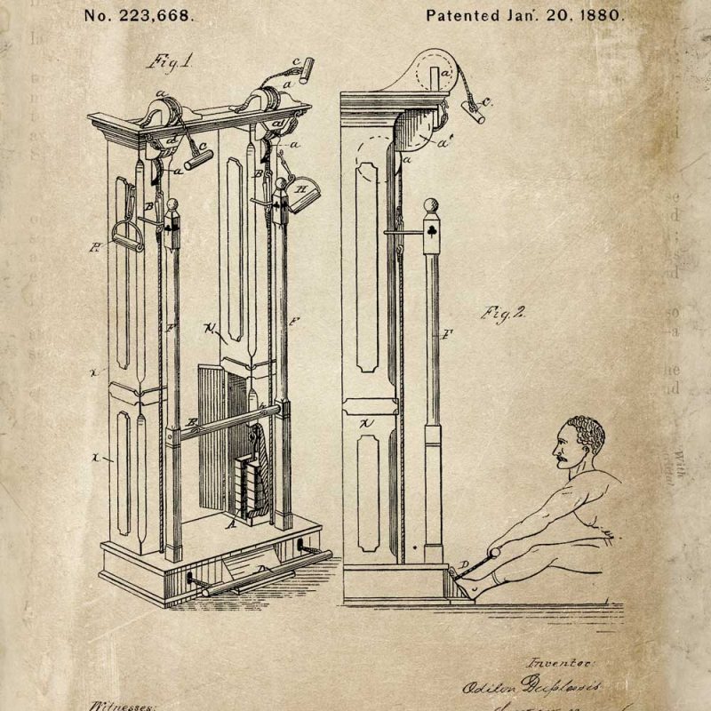 Plakat w sepii z rysunkiem patentowym maszyny do ćwiczeń Plakat w sepii z rysunkiem patentowym maszyny do ćwiczeń