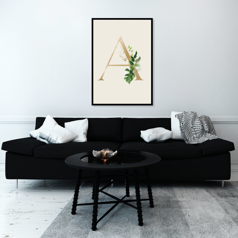 Plakat z literą i liśćmi Beżowy plakat do salonu