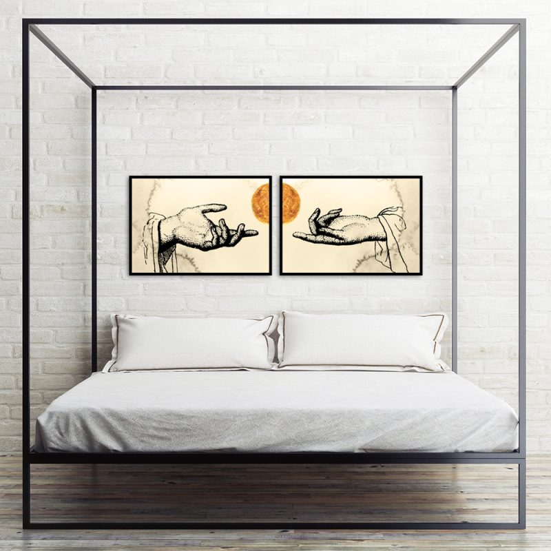 Dwa poziome plakaty w zestawie Dyptyk z motywem dłoni i słońca