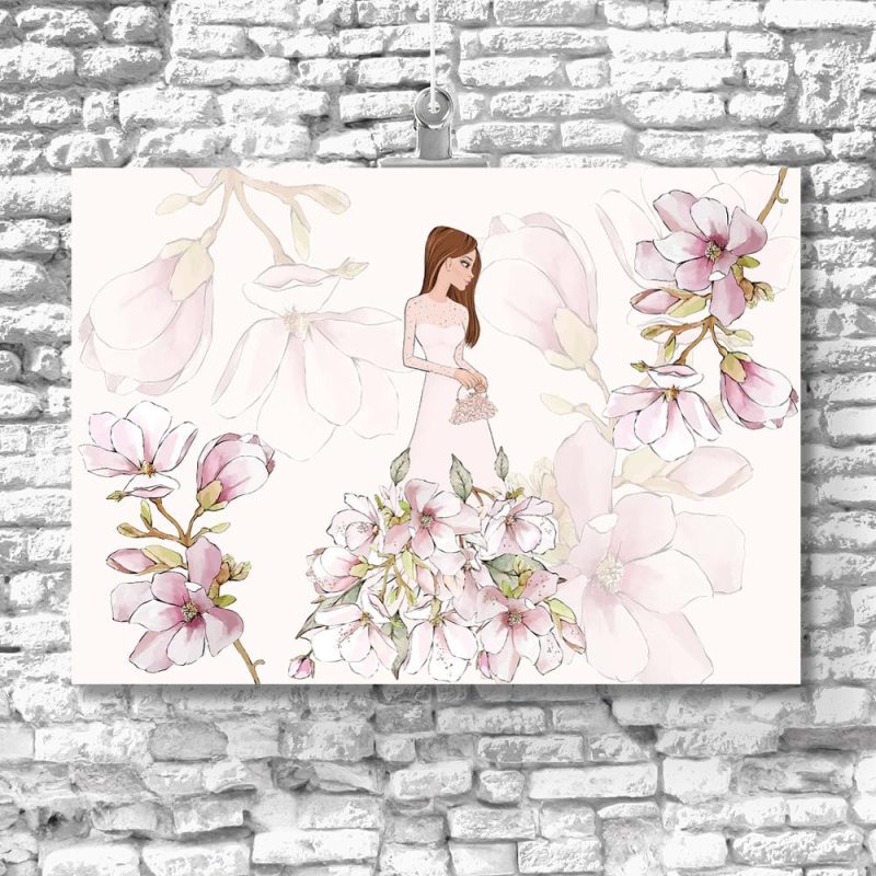 Plakat z motywem kwiatów magnolii i lalki