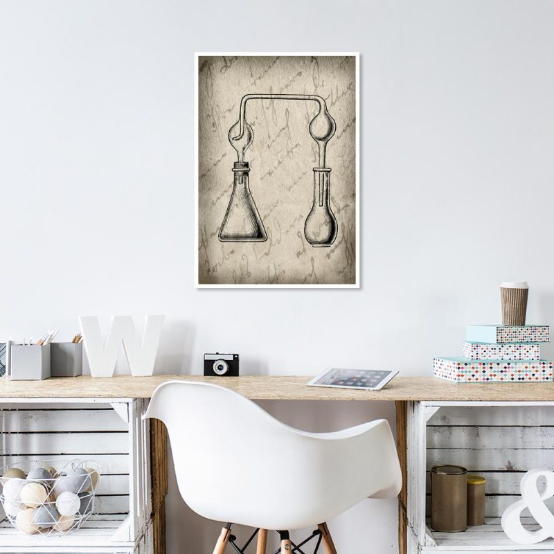 Plakat z rysunkiem kolb chemicznych Beżowy plakat w stylu vintage