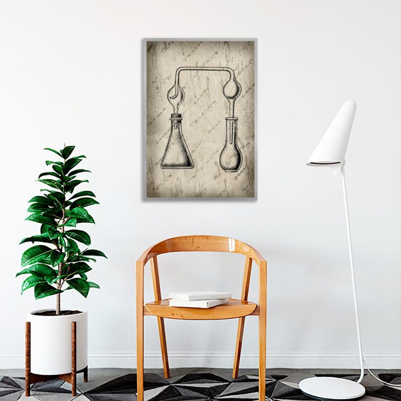 Plakat z rysunkiem kolb chemicznych Plakat szkło laboratoryjne