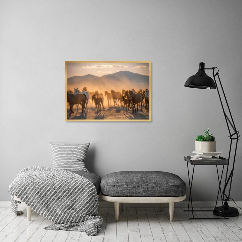 Pomarańczowy plakat z końmi Plakat konie i góry