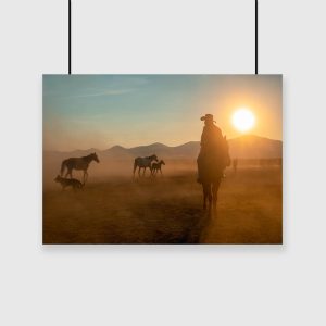Plakat z motywem kowboja i koni