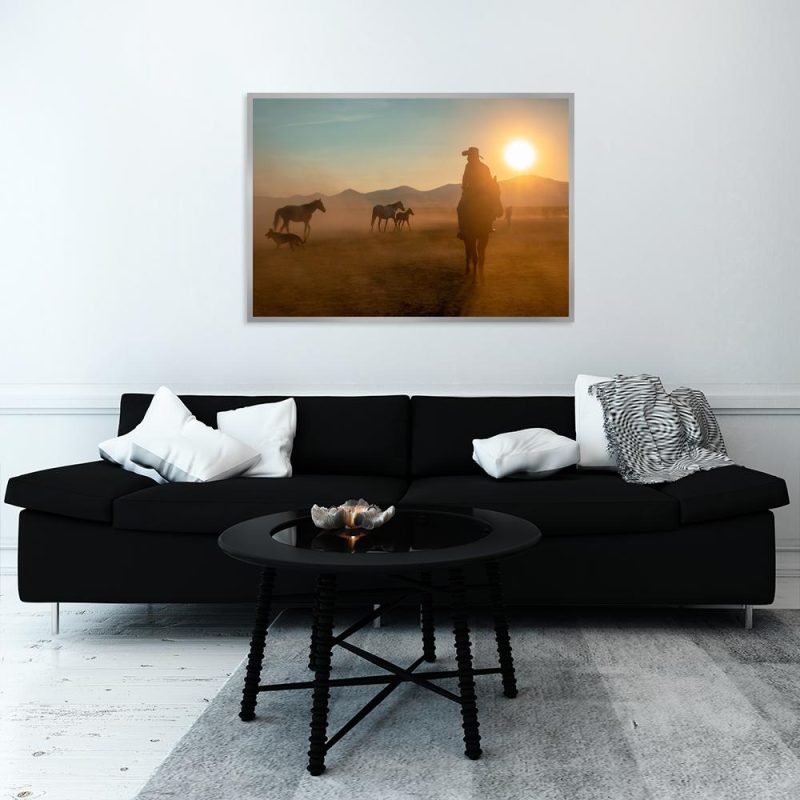 Plakat konie i kowboj Plakat zachód słońca i kowboj