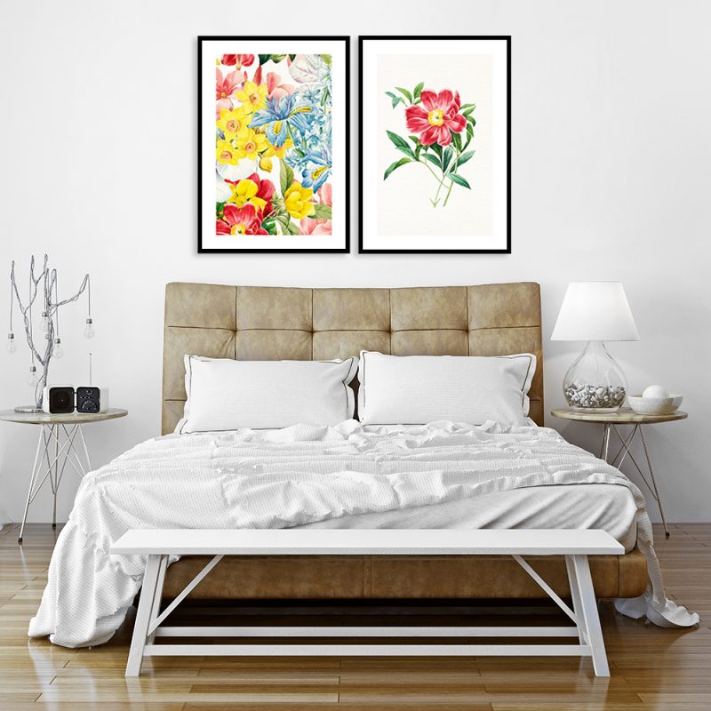 plakat dyptyk z kwiatami nad łóżko
