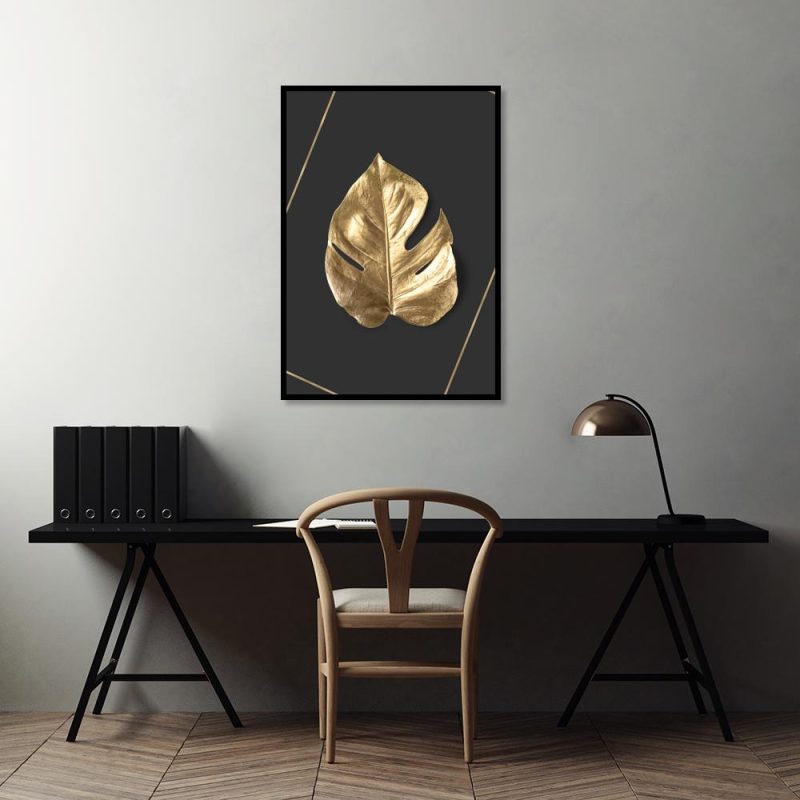 Ciemnoszary plakat z liściem Plakat motyw liścia