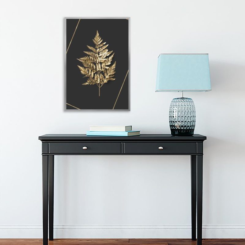 Plakat z motywem złotej gałązki Ciemnoszary plakat z listkami