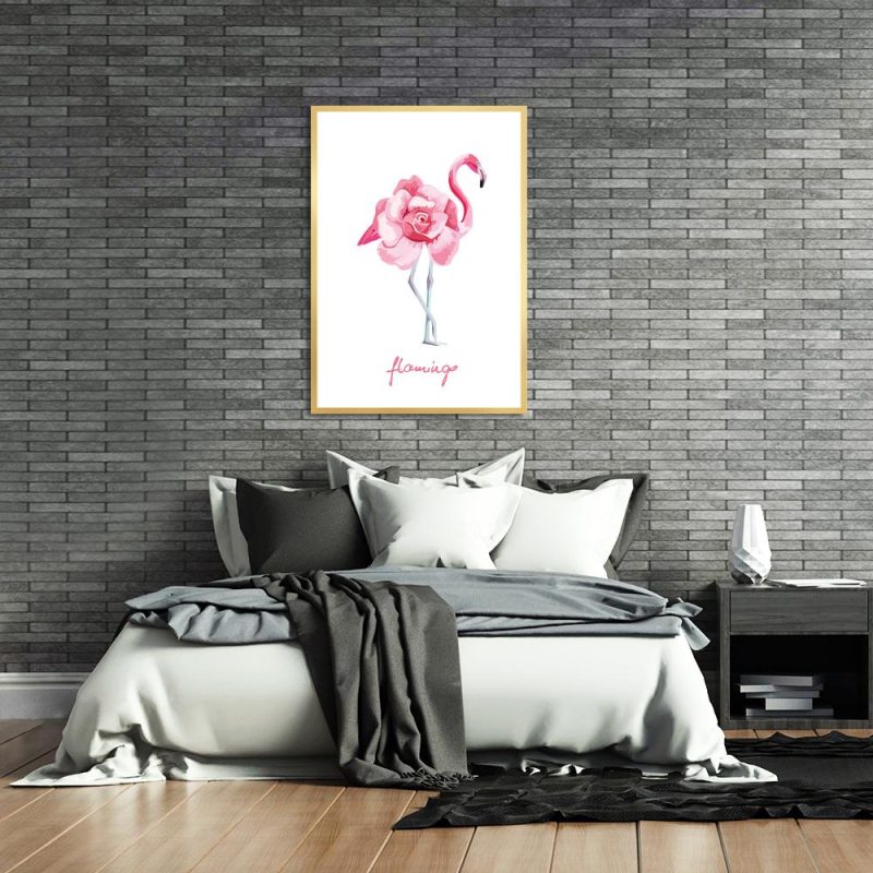 Plakat z różowym kwiatem i flamingiem