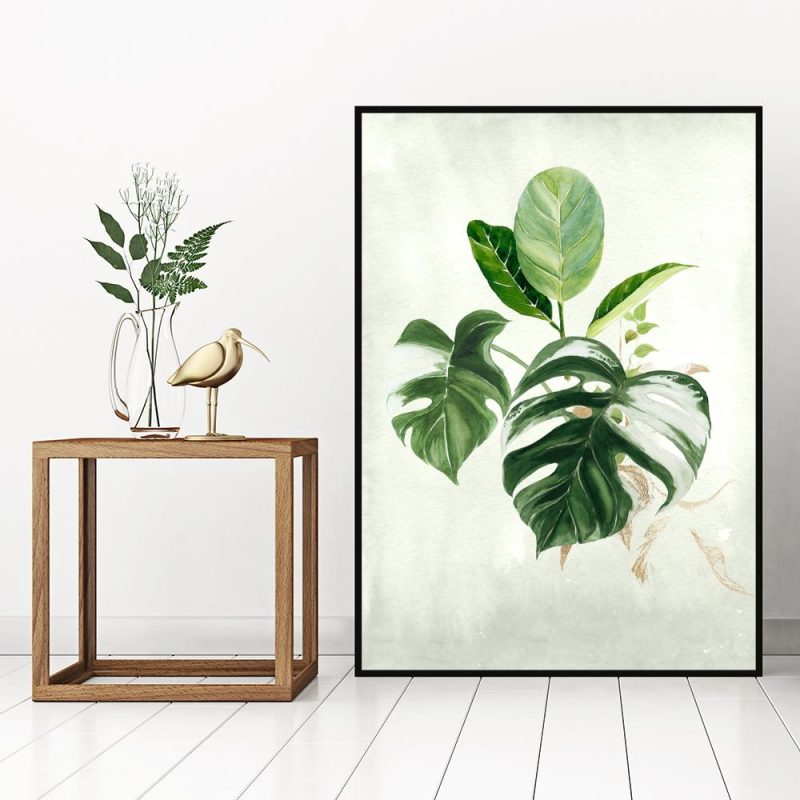 Zielony plakat z tropikalnymi liśćmi