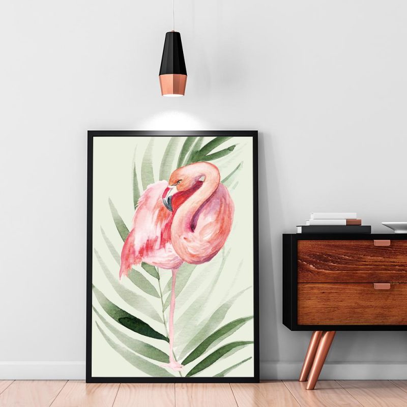 Plakat w kolorze zielonym Plakat flaming i palma