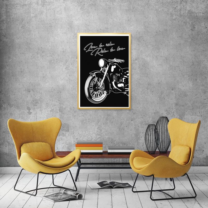 czarno-biały plakat z motocyklem
