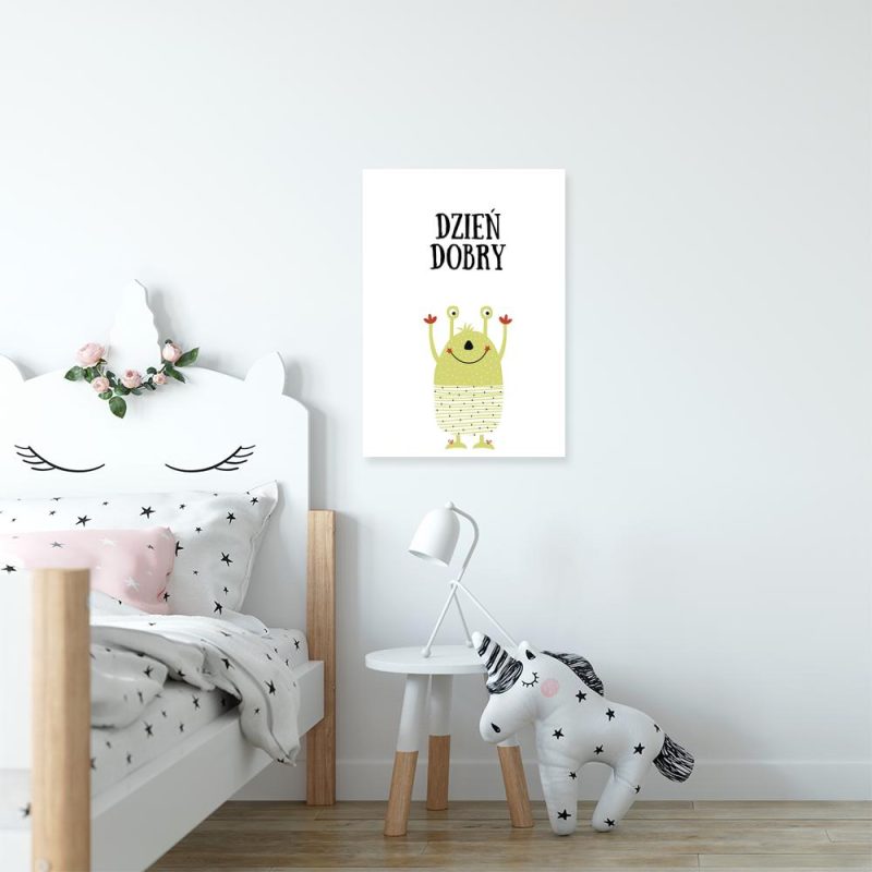 plakat zielony stworek i napis