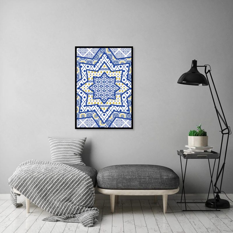 plakat przedstawiający niebieskie wzory do salonu