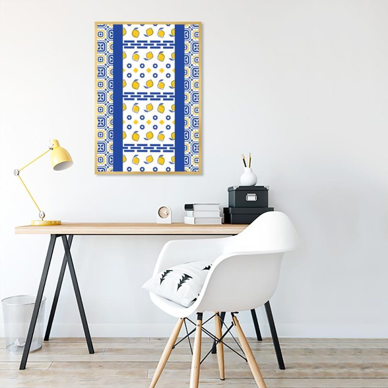 plakat z niebiesko-żółtymi wzorami do gabinetu plakat do gabinetu z motywem geometrycznym