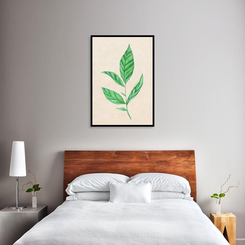 plakat z liściem nad łóżko