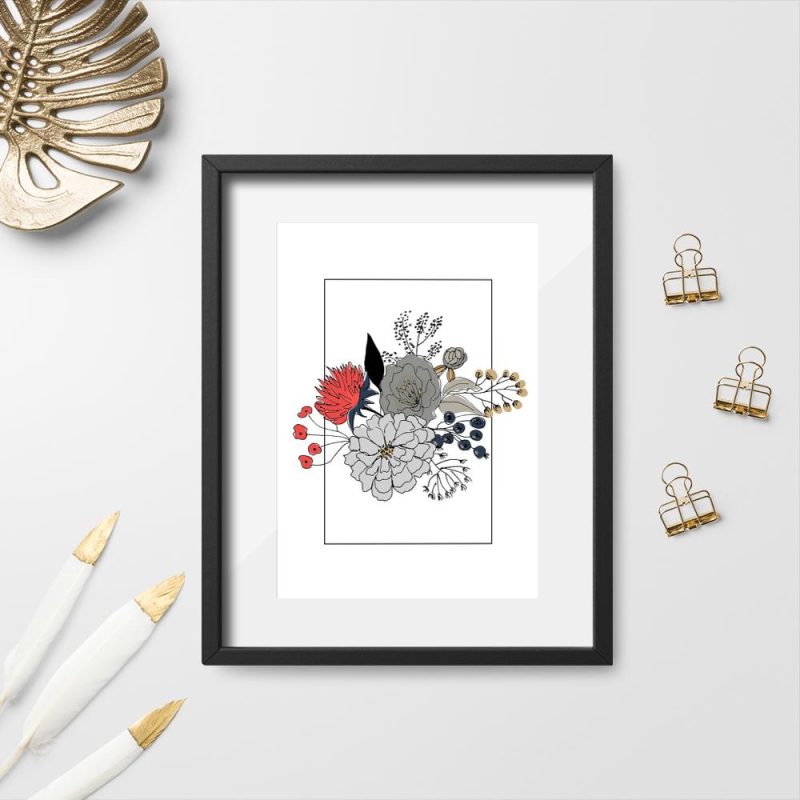 plakat szaro-czerwone kwiaty plakat z rysunkiem kwiatów