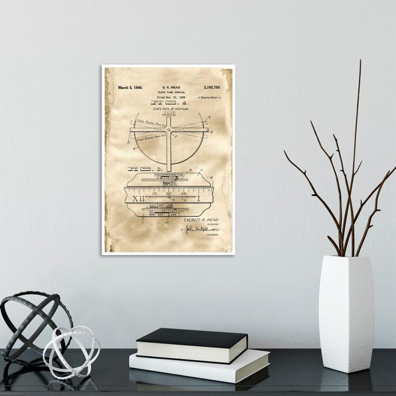 Plakat dla zegarmistrza - Rysunek patentowy zegara słonecznego do gabinetu