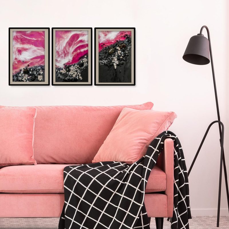 plakaty nad sofę jako tryptyk geode art jako dekoracja nad sofę