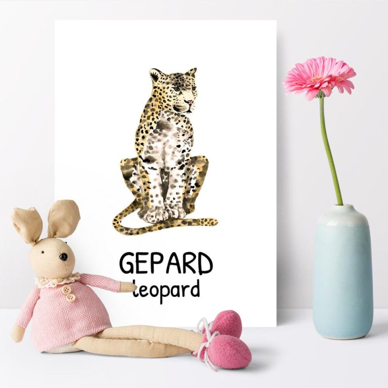 gepard - leopard na typograficznym plakacie dla dzieci
