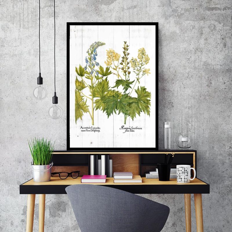 Botaniczny plakat z górskimi kwiatami na deskach do salonu