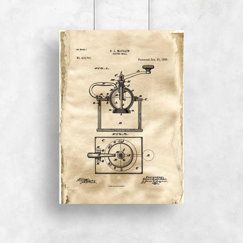 Plakat dla miłośnika kawy - Rysunek patentowy młynka do kawy do kawiarni