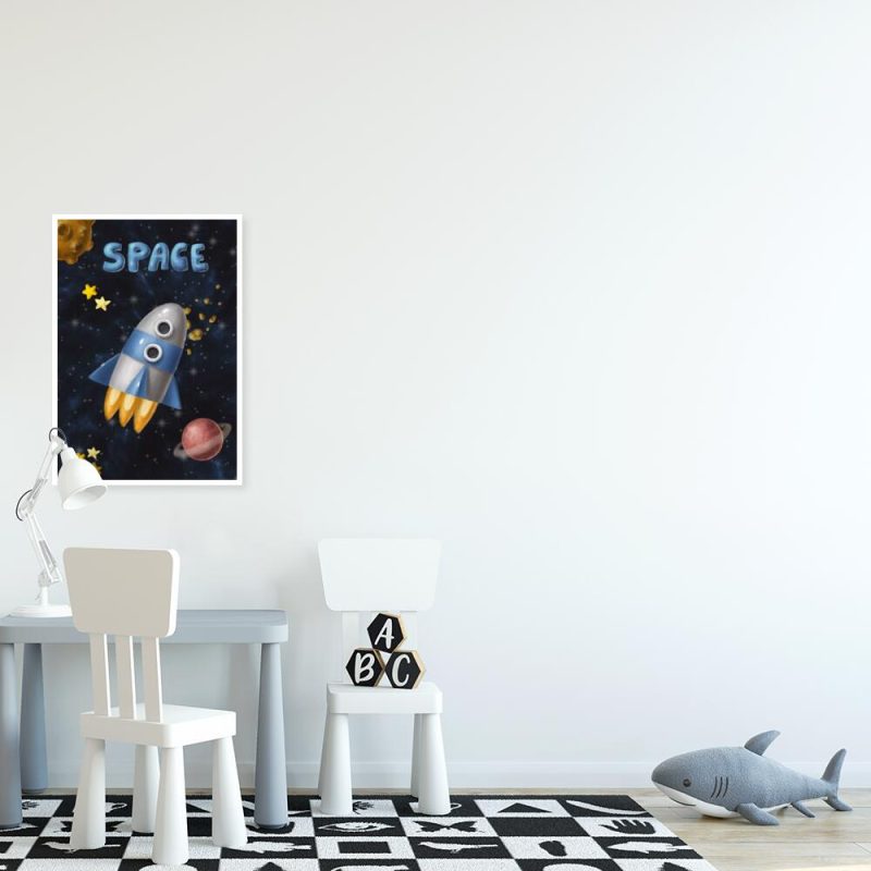 Kolorowy plakat z motywem rakiety i planet
