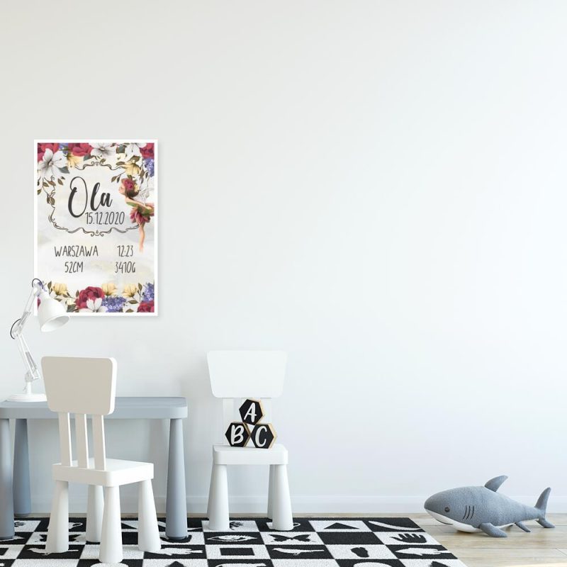 Dziecięcy plakat z imieniem – Polna wróżka i kwiaty Dziecięcy plakat z imieniem - Polna wróżka i kwiaty