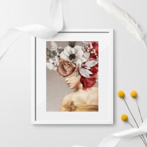 Plakat bez ramy z kobietą i kwiatami