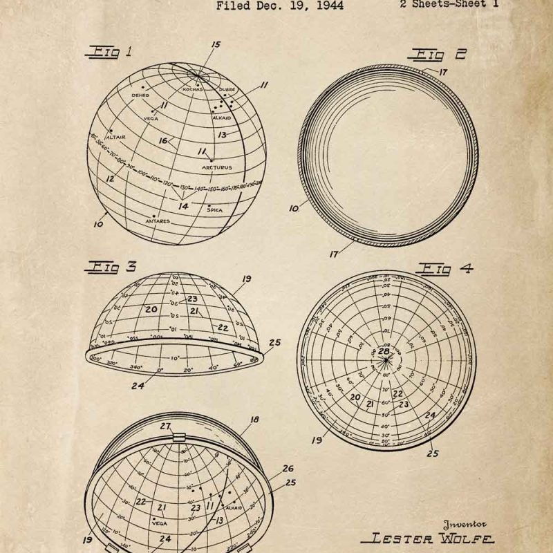 Plakat bez ramy z patentem z 1946r. - urządzenie astronomiczne