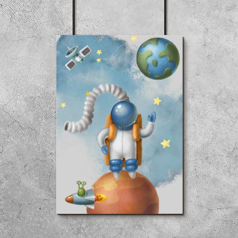 Plakat dla dzieci z kosmonauta i ufoludkiem
