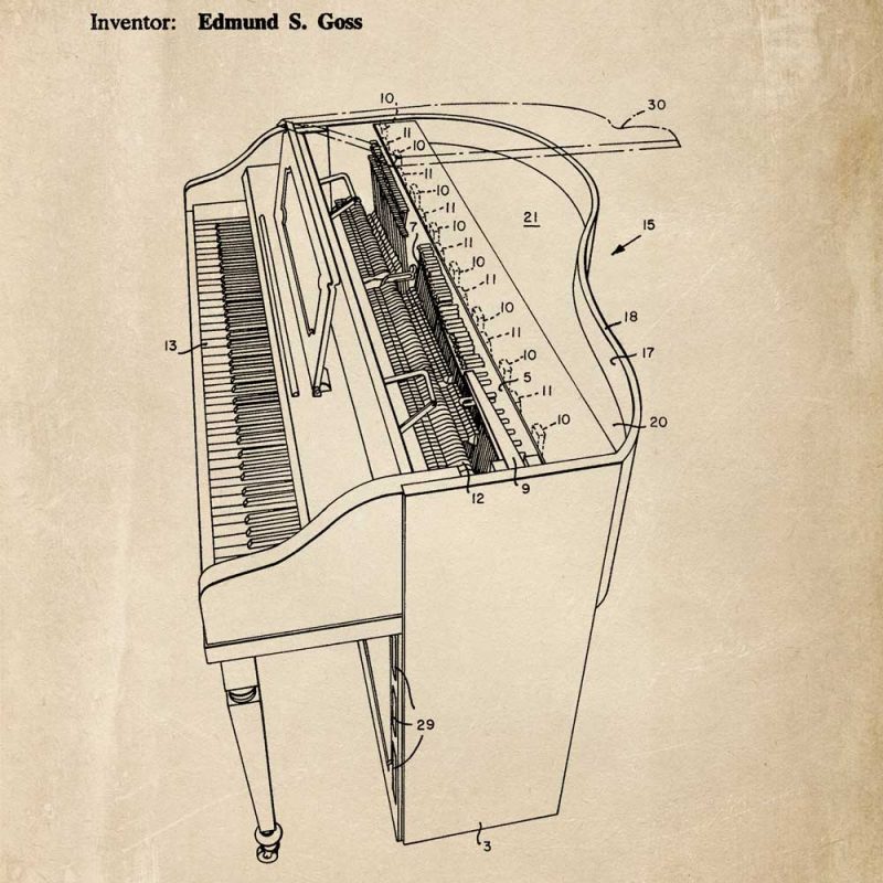 Plakat retro ze schematem budowy i patentem na fortepian z 1973r.