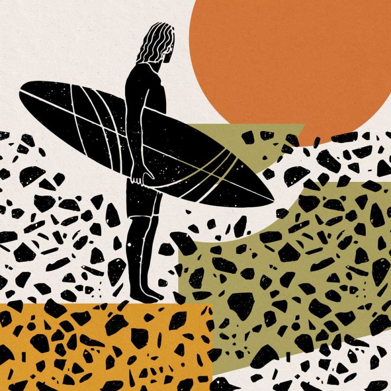Plakat surfer na plaży i słońce