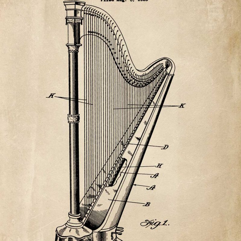 Plakat vintage z harfą - patent 1931r.