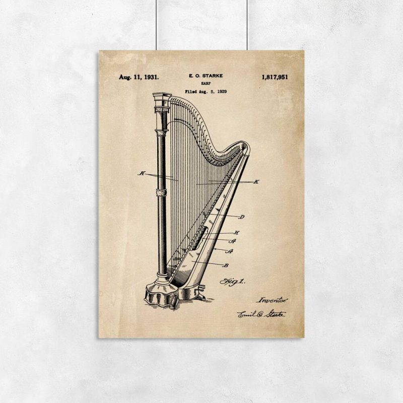 Plakat vintage z motywem patentu na harfę