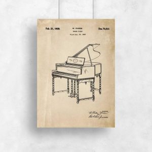 Plakat vintage z rysunkiem patentowym pianina