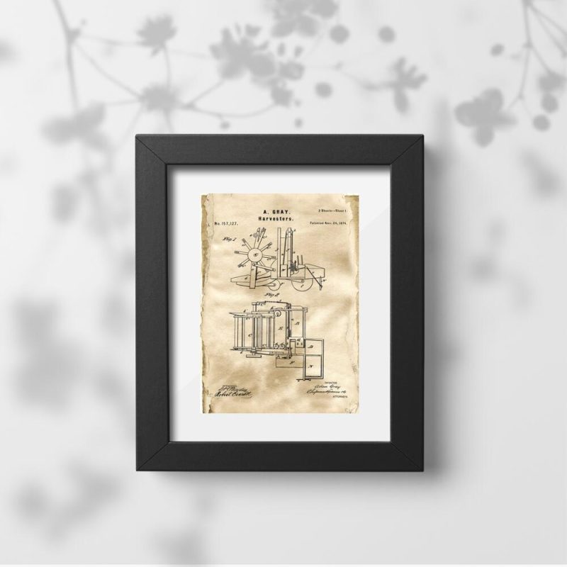 Plakat w stylu retro w sepii z patentem na kombajn – 1874r. Plakat w stylu retro w sepii z patentem na kombajn - 1874r.