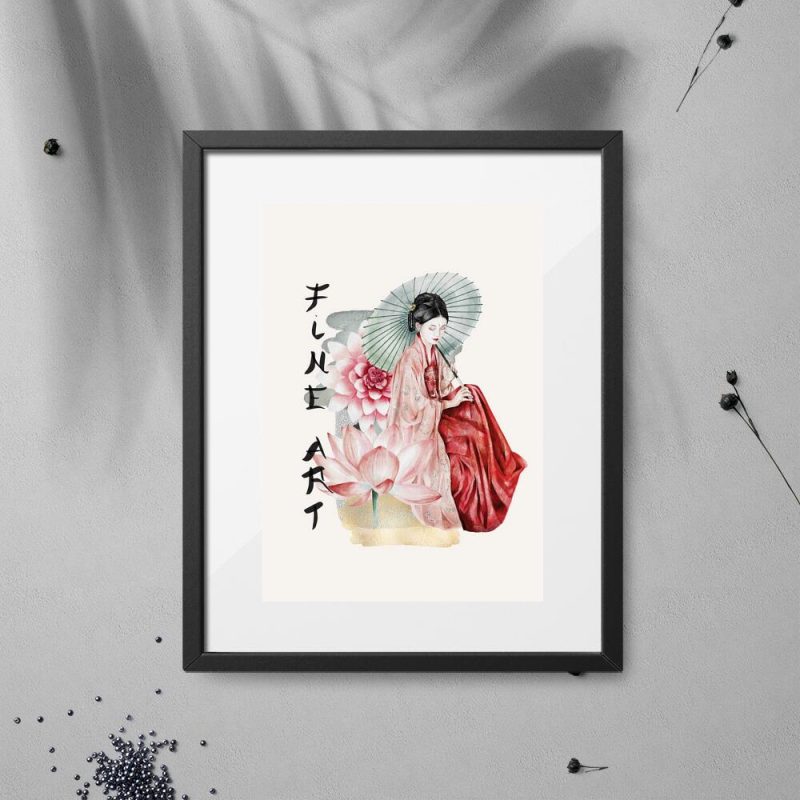Plakat z japońskim motywem gejszy i lotosem